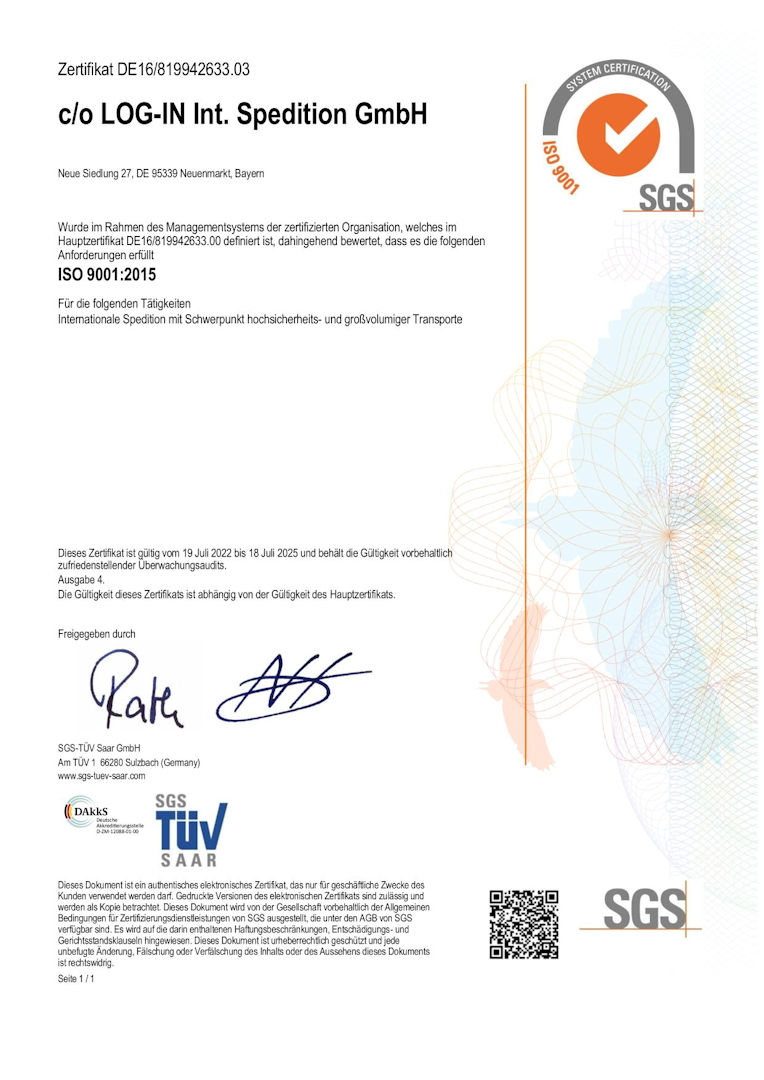 SGS ISO 9001:2015 de LOG-IN Int. Spedition GmbH