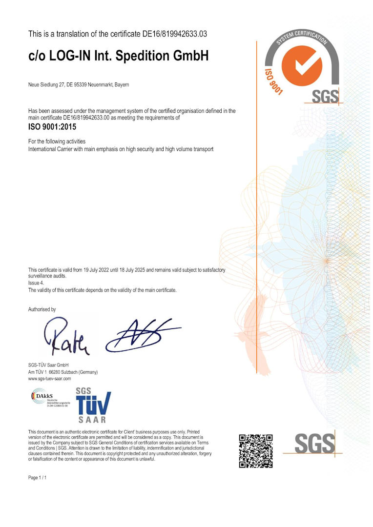 SGS ISO 9001:2015 en LOG-IN Int. Spedition GmbH